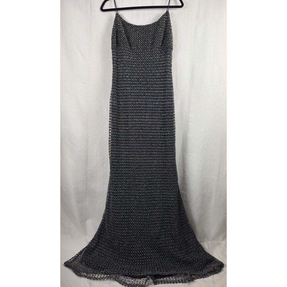 Carmen Marc Valvo Women’s 10 Black Metallic Beaded Mesh Grid Maxi Mermaid Dress